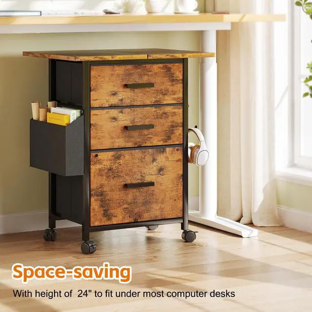 Alt view image 7 of 7 - 3-Drawer Mobile File Cabinet with 22" Wide Printer Stand, Fabric Filing Cabinet with Side Bag & Headphone Hook, Fits Letter/A4 Size Hanging File Folders, Rolling Home Office Organizer, Rustic Brown