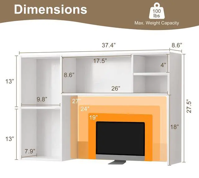 Alt view image 2 of 7 - Desk Hutch with 6 Shelves, 37.4" Desktop Bookshelf Organizer for Monitor up to 27", Hutch Top for Computer Desk, Countertop Storage Shelf Wood Display Rack for Office Home Dorm, White