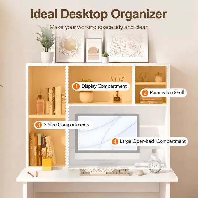 Alt view image 3 of 7 - Desk Hutch with 6 Shelves, 37.4" Desktop Bookshelf Organizer for Monitor up to 27", Hutch Top for Computer Desk, Countertop Storage Shelf Wood Display Rack for Office Home Dorm, White