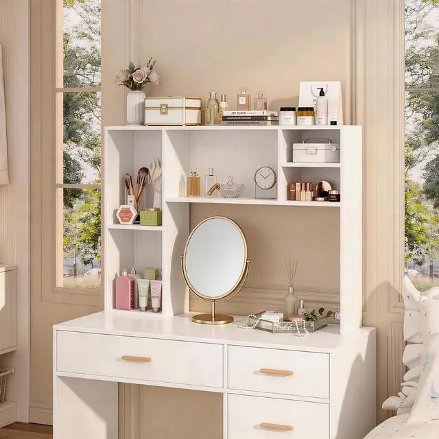 Alt view image 7 of 7 - Desk Hutch with 6 Shelves, 37.4" Desktop Bookshelf Organizer for Monitor up to 27", Hutch Top for Computer Desk, Countertop Storage Shelf Wood Display Rack for Office Home Dorm, White