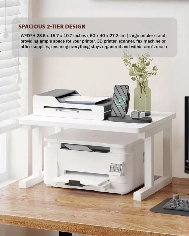 Alt view image 2 of 7 - Desktop Printer Stand, 23.6x 15.7 2-Tier Large Printer Shelf fit 3D Laser Printer/Scanner/Fax Machine, Industrial Storage Rack for Home Office Storage, White P6040-W