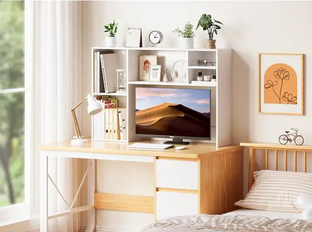 Alt view image 6 of 7 - Desk Hutch with 6 Shelves, 37.4" Desktop Bookshelf Organizer for Monitor up to 27", Hutch Top for Computer Desk, Countertop Storage Shelf Wood Display Rack for Office Home Dorm, White