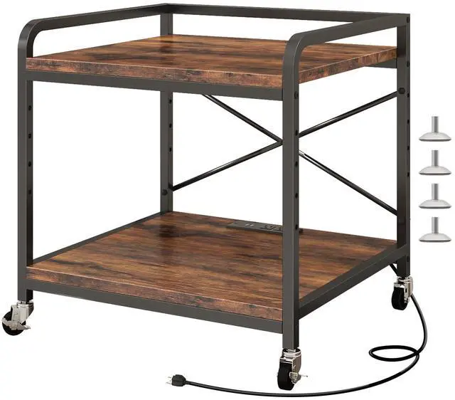 Main image of Under Desk Printer Stand with Power Outlet,2 Tier Large Printer Table with Adjustable Shelf,Rolling Printer Cart with Industrial Wheels for Home Office,20"×20" Rustic Brown