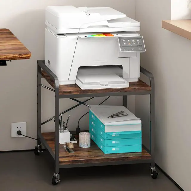 Alt view image 2 of 7 - Under Desk Printer Stand with Power Outlet,2 Tier Large Printer Table with Adjustable Shelf,Rolling Printer Cart with Industrial Wheels for Home Office,20"×20" Rustic Brown