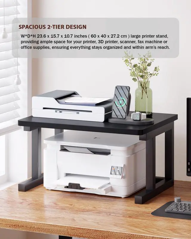 Alt view image 2 of 7 - Desktop Printer Stand, 23.6 x 15.7 2-Tier Large Printer Shelf fit 3D Laser Printer/Scanner/Fax Machine, Industrial Storage Rack for Home Office Storage, Black P6040-B