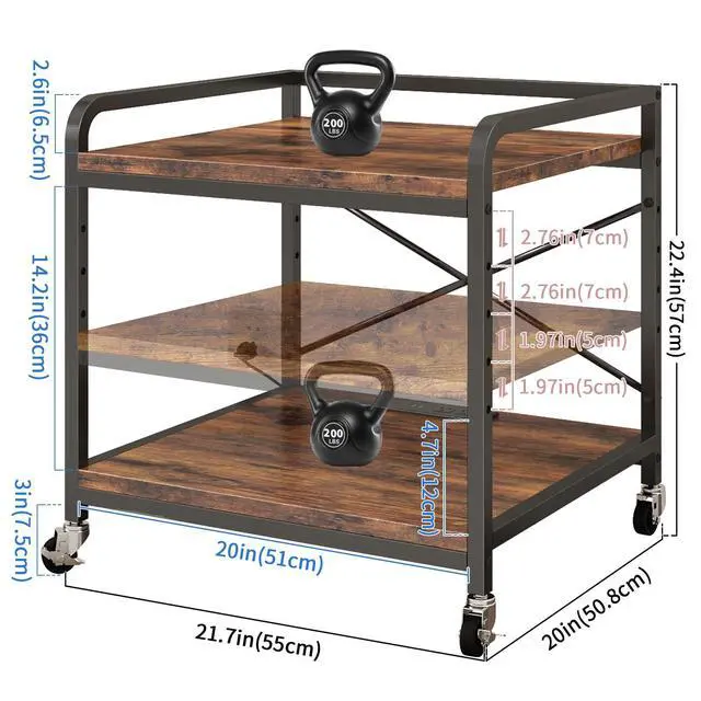 Alt view image 3 of 7 - Under Desk Printer Stand with Power Outlet,2 Tier Large Printer Table with Adjustable Shelf,Rolling Printer Cart with Industrial Wheels for Home Office,20"×20" Rustic Brown