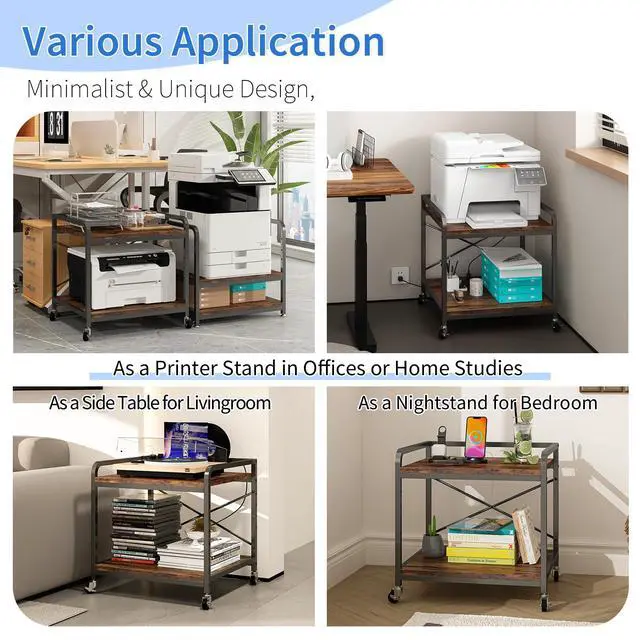 Alt view image 5 of 7 - Under Desk Printer Stand with Power Outlet,2 Tier Large Printer Table with Adjustable Shelf,Rolling Printer Cart with Industrial Wheels for Home Office,20"×20" Rustic Brown