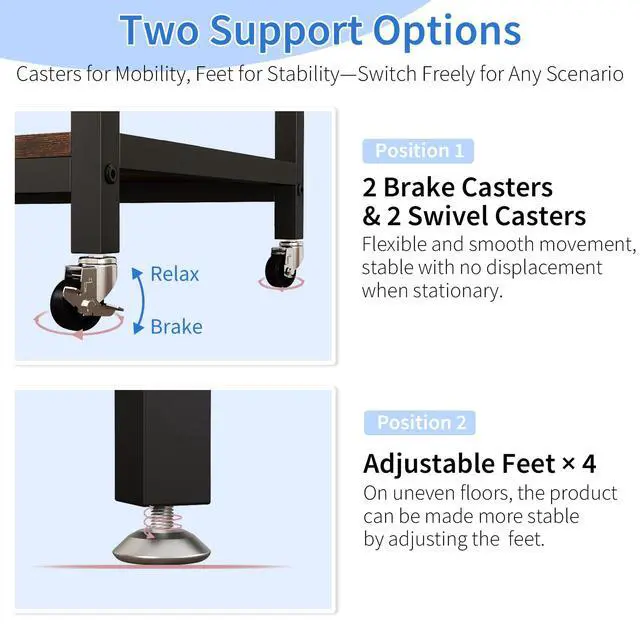 Alt view image 7 of 7 - Under Desk Printer Stand with Power Outlet,2 Tier Large Printer Table with Adjustable Shelf,Rolling Printer Cart with Industrial Wheels for Home Office,20"×20" Rustic Brown