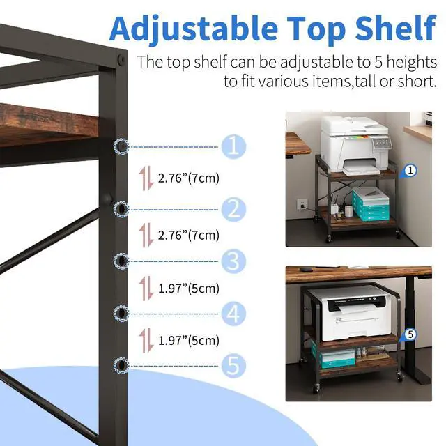Alt view image 6 of 7 - Under Desk Printer Stand with Power Outlet,2 Tier Large Printer Table with Adjustable Shelf,Rolling Printer Cart with Industrial Wheels for Home Office,20"×20" Rustic Brown