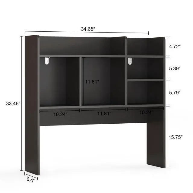 Alt view image 2 of 7 - Desk Hutch with 6 Shelves, Desktop Organizer Shelf for Office Dorm, Black | Wood Desk Shelf for Top of Desk, Over Desk Hutch Bookshelf, Anti-Tip Design, Non-Slip Feet. Space-Saving Design