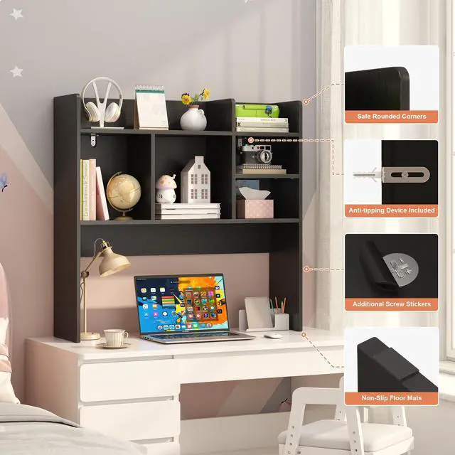 Alt view image 3 of 7 - Desk Hutch with 6 Shelves, Desktop Organizer Shelf for Office Dorm, Black | Wood Desk Shelf for Top of Desk, Over Desk Hutch Bookshelf, Anti-Tip Design, Non-Slip Feet. Space-Saving Design