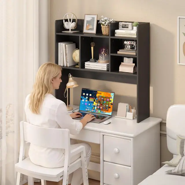 Alt view image 4 of 7 - Desk Hutch with 6 Shelves, Desktop Organizer Shelf for Office Dorm, Black | Wood Desk Shelf for Top of Desk, Over Desk Hutch Bookshelf, Anti-Tip Design, Non-Slip Feet. Space-Saving Design