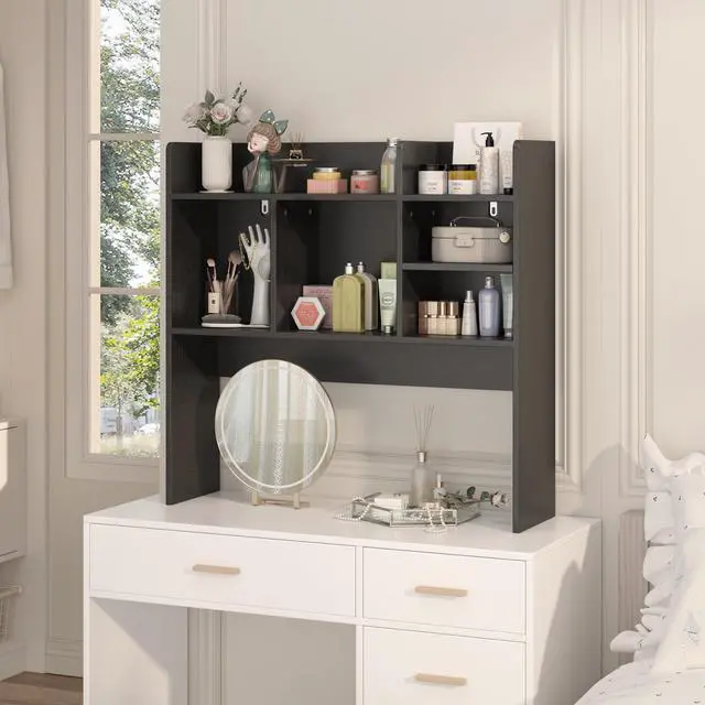 Alt view image 6 of 7 - Desk Hutch with 6 Shelves, Desktop Organizer Shelf for Office Dorm, Black | Wood Desk Shelf for Top of Desk, Over Desk Hutch Bookshelf, Anti-Tip Design, Non-Slip Feet. Space-Saving Design