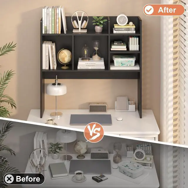 Alt view image 7 of 7 - Desk Hutch with 6 Shelves, Desktop Organizer Shelf for Office Dorm, Black | Wood Desk Shelf for Top of Desk, Over Desk Hutch Bookshelf, Anti-Tip Design, Non-Slip Feet. Space-Saving Design