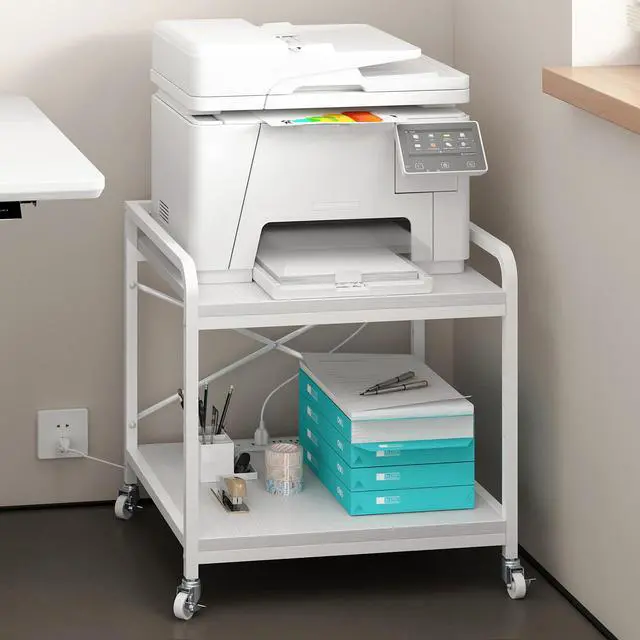 Alt view image 2 of 7 - Under Desk Printer Stand with Power Outlet,2 Tier Large Printer Table with Adjustable Shelf,Rolling Printer Cart with Industrial Wheels for Home Office,20"×20" White