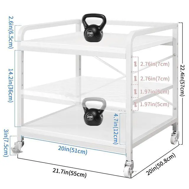 Alt view image 3 of 7 - Under Desk Printer Stand with Power Outlet,2 Tier Large Printer Table with Adjustable Shelf,Rolling Printer Cart with Industrial Wheels for Home Office,20"×20" White