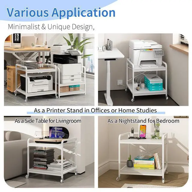 Alt view image 5 of 7 - Under Desk Printer Stand with Power Outlet,2 Tier Large Printer Table with Adjustable Shelf,Rolling Printer Cart with Industrial Wheels for Home Office,20"×20" White