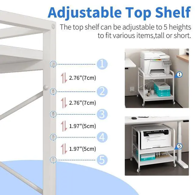 Alt view image 6 of 7 - Under Desk Printer Stand with Power Outlet,2 Tier Large Printer Table with Adjustable Shelf,Rolling Printer Cart with Industrial Wheels for Home Office,20"×20" White