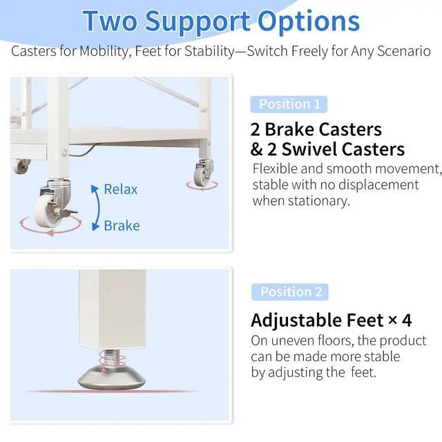 Alt view image 7 of 7 - Under Desk Printer Stand with Power Outlet,2 Tier Large Printer Table with Adjustable Shelf,Rolling Printer Cart with Industrial Wheels for Home Office,20"×20" White