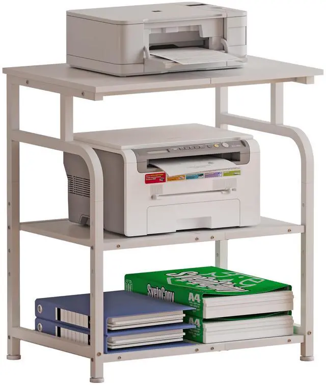 Main image of Large Printer Stand with Adjustable Shelf, 3-Tier Rolling Printer Cart with Wheels, Heavy-Duty Wood Printer Table for Home Office, Heat Press and Laser (White)