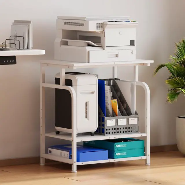 Alt view image 2 of 7 - Large Printer Stand with Adjustable Shelf, 3-Tier Rolling Printer Cart with Wheels, Heavy-Duty Wood Printer Table for Home Office, Heat Press and Laser (White)