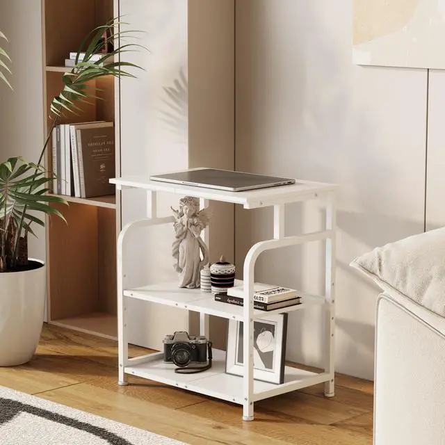 Alt view image 3 of 7 - Large Printer Stand with Adjustable Shelf, 3-Tier Rolling Printer Cart with Wheels, Heavy-Duty Wood Printer Table for Home Office, Heat Press and Laser (White)