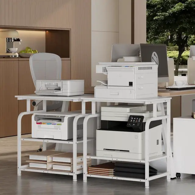 Alt view image 5 of 7 - Large Printer Stand with Adjustable Shelf, 3-Tier Rolling Printer Cart with Wheels, Heavy-Duty Wood Printer Table for Home Office, Heat Press and Laser (White)