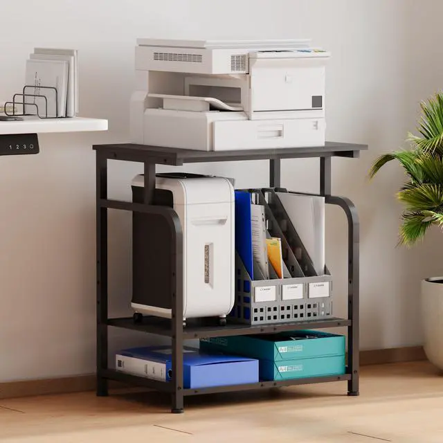 Alt view image 5 of 7 - Large Rolling Printer Stand with Height Adjustable Shelf and Wheels | 3-Tier Rolling Printer Cart with Wheels, Heavy-Duty Wood Printer Table with strudy steel frame for Home Office,Black