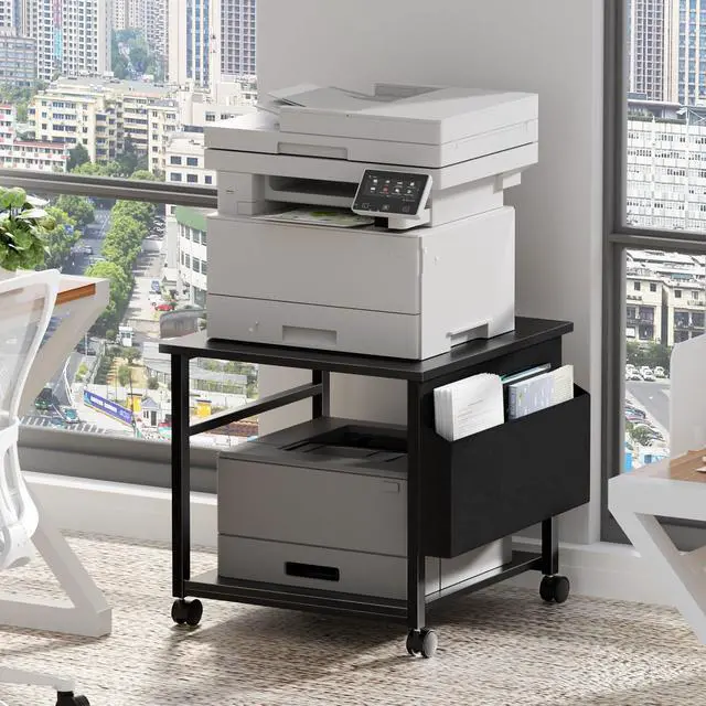 Main image of Black Large Printer Stand with Storage, 23.6" W x 23.6" D x 22.8" H Printer Table for Home Office, Rolling Printer Cart Holder with Lockable Wheels, Mobile Mini Fridge Stand Table