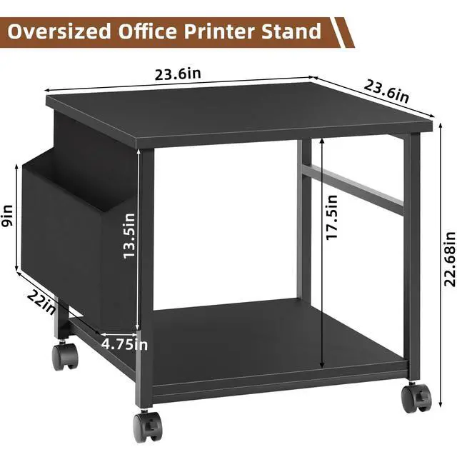 Alt view image 2 of 7 - Black Large Printer Stand with Storage, 23.6" W x 23.6" D x 22.8" H Printer Table for Home Office, Rolling Printer Cart Holder with Lockable Wheels, Mobile Mini Fridge Stand Table