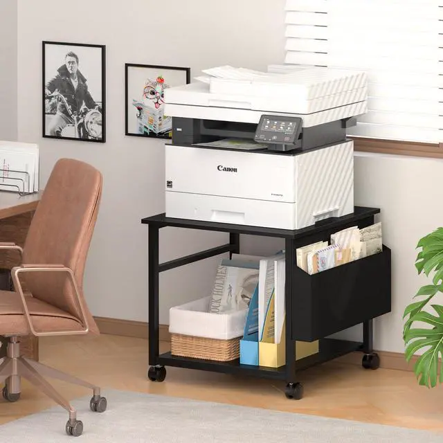 Alt view image 3 of 7 - Black Large Printer Stand with Storage, 23.6" W x 23.6" D x 22.8" H Printer Table for Home Office, Rolling Printer Cart Holder with Lockable Wheels, Mobile Mini Fridge Stand Table