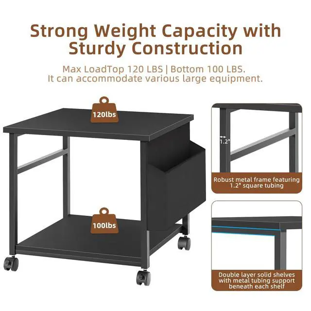 Alt view image 4 of 7 - Black Large Printer Stand with Storage, 23.6" W x 23.6" D x 22.8" H Printer Table for Home Office, Rolling Printer Cart Holder with Lockable Wheels, Mobile Mini Fridge Stand Table
