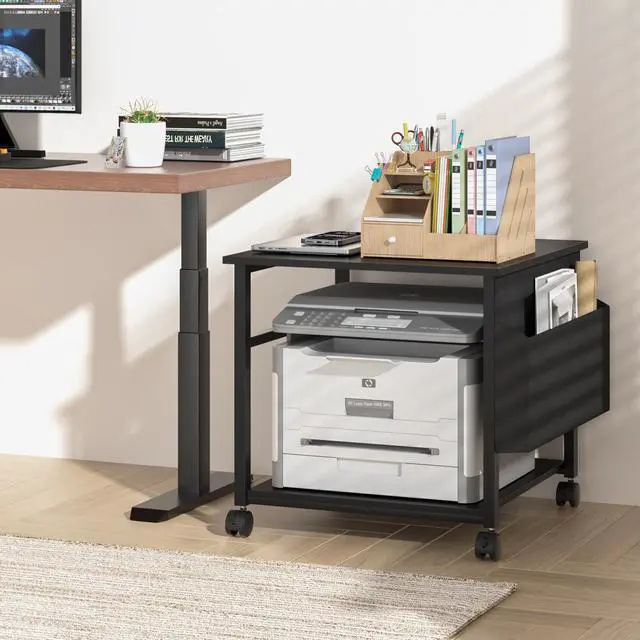 Alt view image 7 of 7 - Black Large Printer Stand with Storage, 23.6" W x 23.6" D x 22.8" H Printer Table for Home Office, Rolling Printer Cart Holder with Lockable Wheels, Mobile Mini Fridge Stand Table