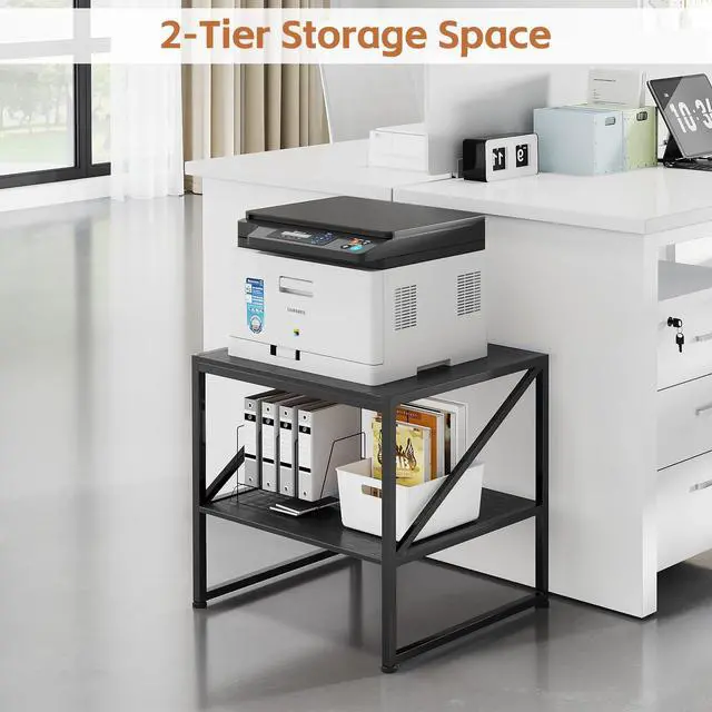 Alt view image 2 of 7 - 2-Tier Large Priner Stand with Storage Shelf, 20"×20" Under Desk Printer Table for Home Office, Mini Fridge Stand, End Table for Living Room, Heavy Duty Storage Rack for Scanner Fax Machine, Black