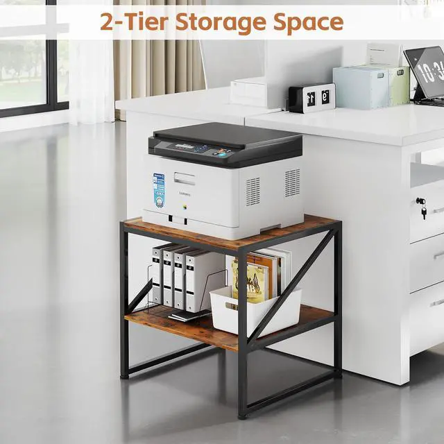 Alt view image 2 of 7 - 2-Tier Large Priner Stand with Storage Shelf, 20"×20" Under Desk Printer Table for Office, Mini Fridge Stand, End Table for Living Room, Heavy Duty Storage Rack for Scanner Fax Machine, Rustic Brown