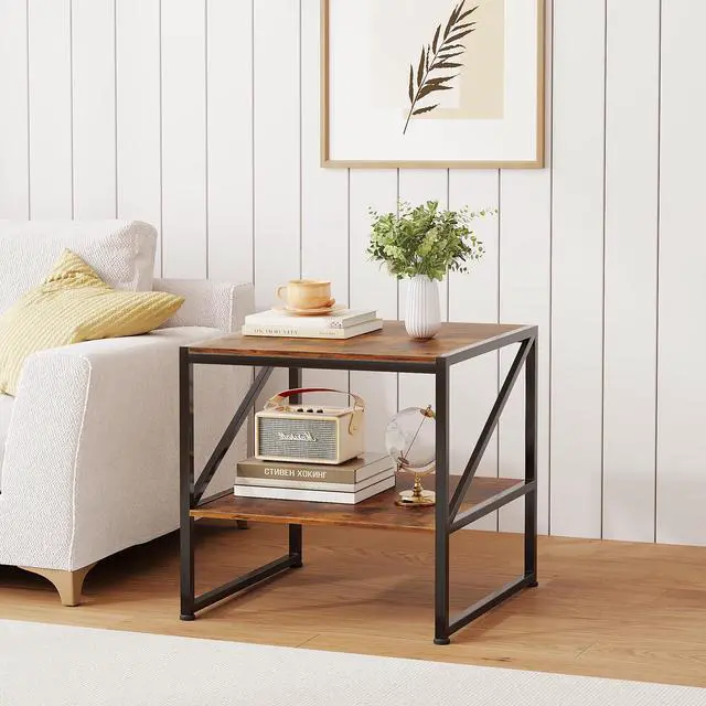 Alt view image 5 of 7 - 2-Tier Large Priner Stand with Storage Shelf, 20"×20" Under Desk Printer Table for Office, Mini Fridge Stand, End Table for Living Room, Heavy Duty Storage Rack for Scanner Fax Machine, Rustic Brown