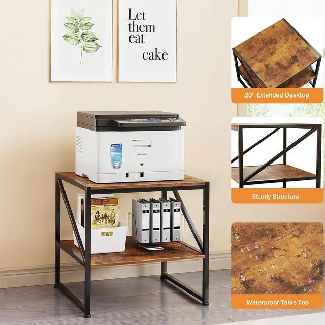 Alt view image 7 of 7 - 2-Tier Large Priner Stand with Storage Shelf, 20"×20" Under Desk Printer Table for Office, Mini Fridge Stand, End Table for Living Room, Heavy Duty Storage Rack for Scanner Fax Machine, Rustic Brown