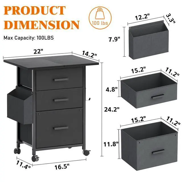 Alt view image 3 of 7 - 3-Drawer Mobile File Cabinet with 22" Wide Printer Stand, Fabric Under Desk Filing Cabinet with Side Bag & Headphone Hook, Fits Letter/A4 Size Hanging File Folders, Rolling Home Office Organizer,Black