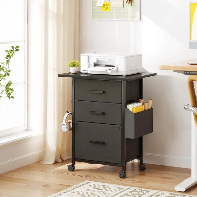Alt view image 2 of 7 - 3-Drawer Mobile File Cabinet with 22" Wide Printer Stand, Fabric Under Desk Filing Cabinet with Side Bag & Headphone Hook, Fits Letter/A4 Size Hanging File Folders, Rolling Home Office Organizer,Black