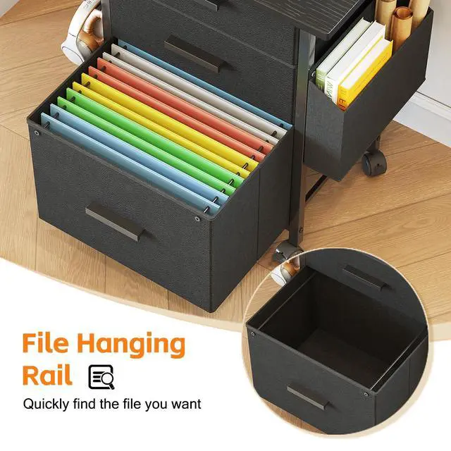 Alt view image 6 of 7 - 3-Drawer Mobile File Cabinet with 22" Wide Printer Stand, Fabric Under Desk Filing Cabinet with Side Bag & Headphone Hook, Fits Letter/A4 Size Hanging File Folders, Rolling Home Office Organizer,Black