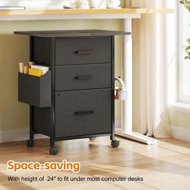Alt view image 7 of 7 - 3-Drawer Mobile File Cabinet with 22" Wide Printer Stand, Fabric Under Desk Filing Cabinet with Side Bag & Headphone Hook, Fits Letter/A4 Size Hanging File Folders, Rolling Home Office Organizer,Black