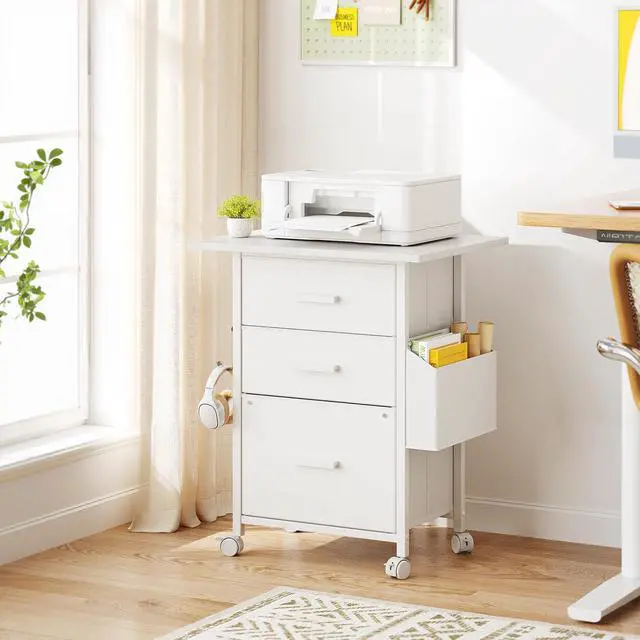 Alt view image 2 of 7 - 3-Drawer Mobile File Cabinet with 22" Wide Printer Stand, Fabric Under Desk Filing Cabinet with Side Bag & Headphone Hook, Fits Letter/A4 Size Hanging File Folders, Rolling Home Office Organizer,White