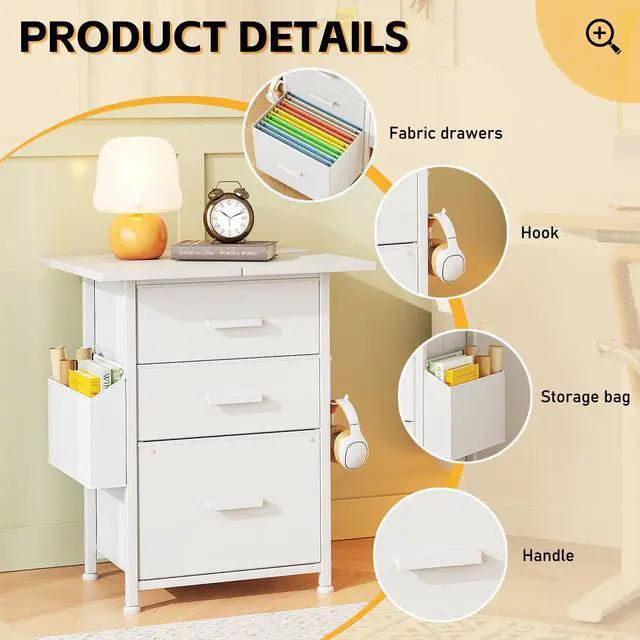 Alt view image 4 of 7 - 3-Drawer Mobile File Cabinet with 22" Wide Printer Stand, Fabric Under Desk Filing Cabinet with Side Bag & Headphone Hook, Fits Letter/A4 Size Hanging File Folders, Rolling Home Office Organizer,White