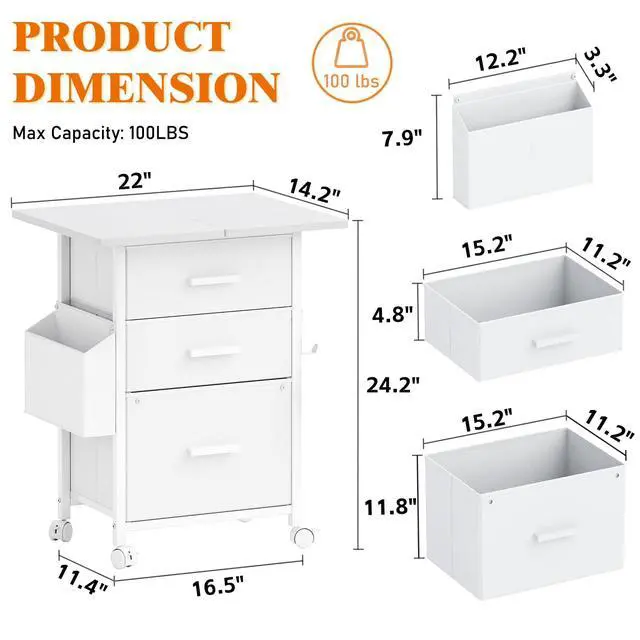 Alt view image 3 of 7 - 3-Drawer Mobile File Cabinet with 22" Wide Printer Stand, Fabric Under Desk Filing Cabinet with Side Bag & Headphone Hook, Fits Letter/A4 Size Hanging File Folders, Rolling Home Office Organizer,White