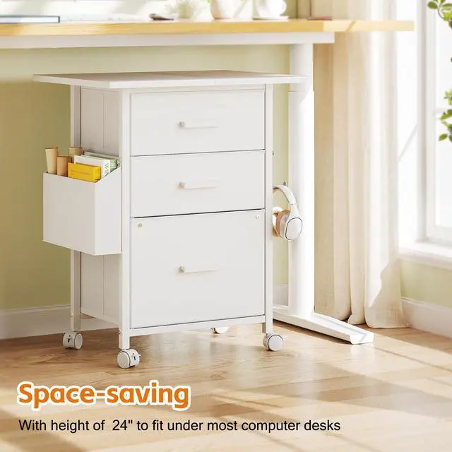 Alt view image 7 of 7 - 3-Drawer Mobile File Cabinet with 22" Wide Printer Stand, Fabric Under Desk Filing Cabinet with Side Bag & Headphone Hook, Fits Letter/A4 Size Hanging File Folders, Rolling Home Office Organizer,White