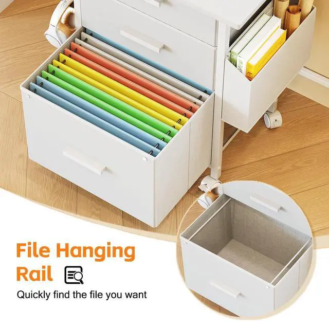 Alt view image 6 of 7 - 3-Drawer Mobile File Cabinet with 22" Wide Printer Stand, Fabric Under Desk Filing Cabinet with Side Bag & Headphone Hook, Fits Letter/A4 Size Hanging File Folders, Rolling Home Office Organizer,White