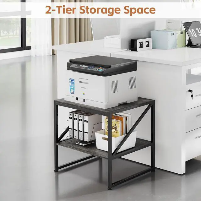 Alt view image 2 of 7 - 2-Tier Large Priner Stand with Storage Shelf, 20"×20" Under Desk Printer Table for Home Office, Mini Fridge Stand, End Table for Living Room, Heavy Duty Storage Rack for Scanner Fax Machine, Grey Oak