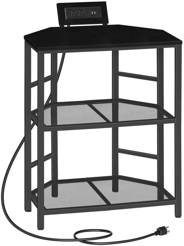 Main image of Corner Printer Stand with Charging Station, 3-Tier Large Printer Table with Adjustable Feet, Metal Frame Storage Shelf for Office, Living Room, Small Space, Black PTBK14E01