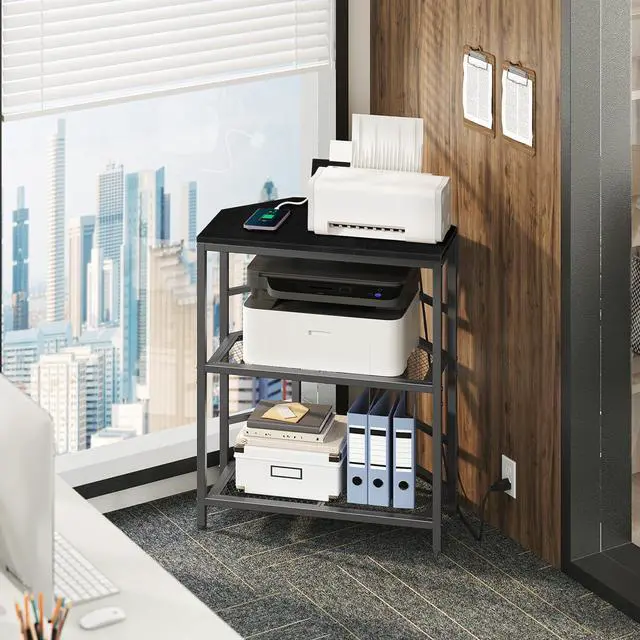 Alt view image 2 of 7 - Corner Printer Stand with Charging Station, 3-Tier Large Printer Table with Adjustable Feet, Metal Frame Storage Shelf for Office, Living Room, Small Space, Black PTBK14E01