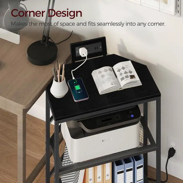 Alt view image 3 of 7 - Corner Printer Stand with Charging Station, 3-Tier Large Printer Table with Adjustable Feet, Metal Frame Storage Shelf for Office, Living Room, Small Space, Black PTBK14E01